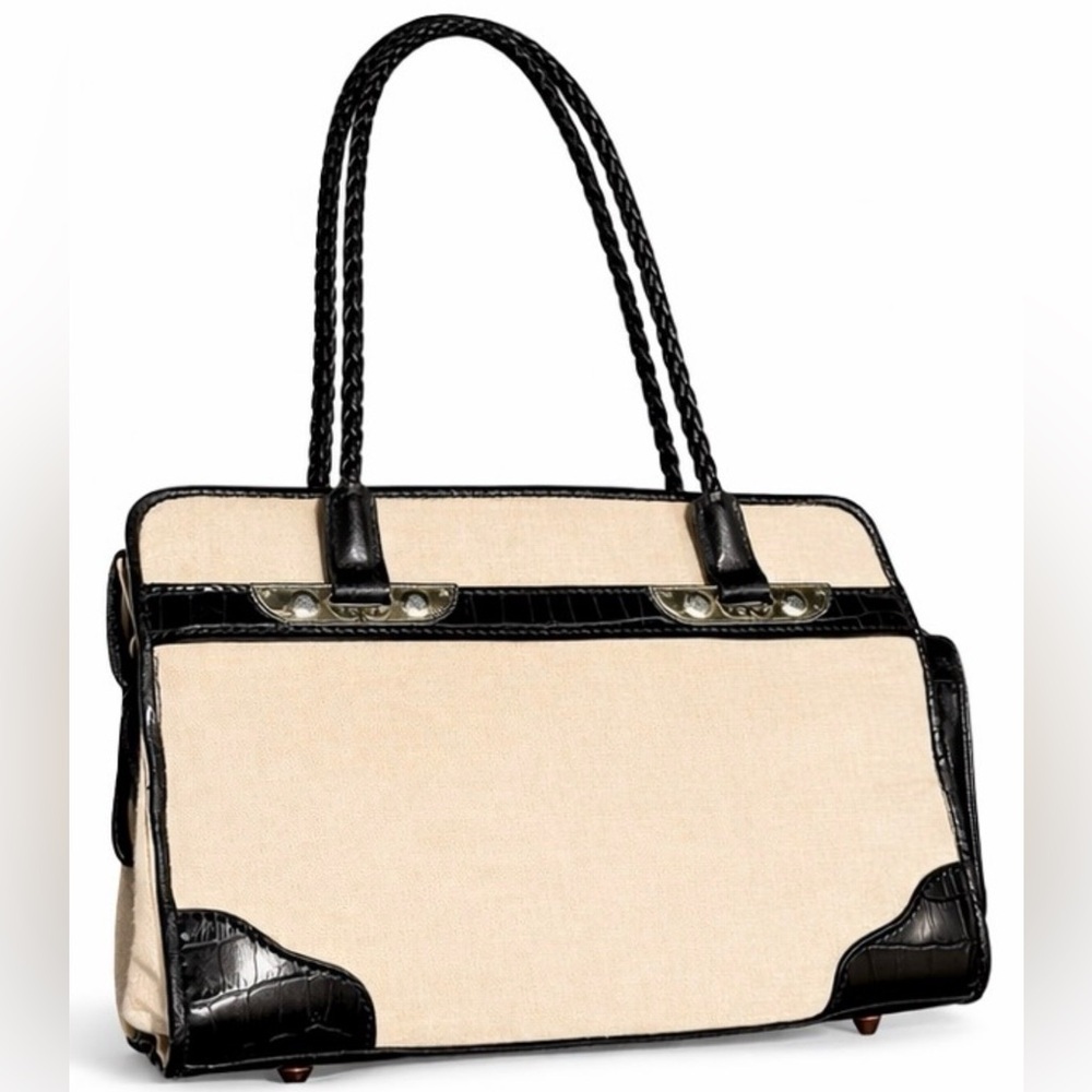 Vintage Bueno linen, silver tone southwest, leather shoulder bag.